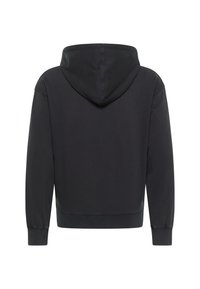 Black hooded sweatshirt with a smooth texture, ribbed cuffs, and hem. Features a simple design without visible logos or patterns.