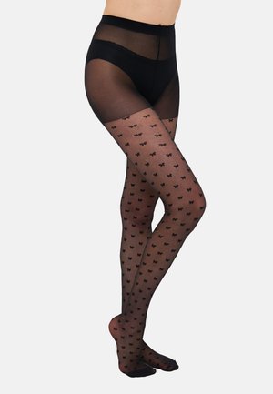 Collants pretos com parte superior em tule texturizado e inferior estampado com pequenos laços, projetados para uma silhueta ajustada e um acabamento suave.