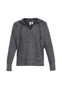 Sweat à capuche gris foncé avec manches longues, poche frontale et cordons sur la capuche.