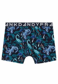 Boxer in blu navy con un motivo colorato e intricato di tigri e funghi. Presenta un elastico a contrasto con il nome del marchio.