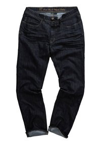 Mörk denimjeans med rak benmodell, som har fem fickor, kontrasterande sömmar och en uppvikt fåll vid fållen.