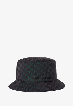 Bob noir avec motif géométrique vert foncé et bleu, avec le texte "KARL LAGERFELD" à l'avant.