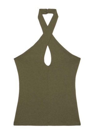 Haut asymétrique sans manches couleur vert olive avec une découpe en forme de trou de serrure et des bretelles croisées se fermant dans le dos par une fermeture éclair.