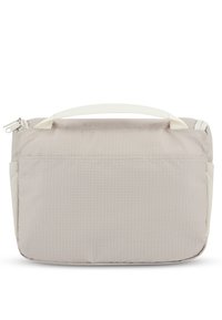 Vaalea harmaa kannettavan tietokoneen laukku, jossa on teksturoitu kangas, suorakaiteen muotoinen, vetoketjulla suljettava yläosa ja valkoinen kahva. Sisältää sivutaskut säilytystä varten.