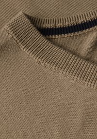 Brun stickad tröja med detalj som har en ribbad rund halsringning med en blå rand som accent. Snygg yta med jämnt stygnmönster.