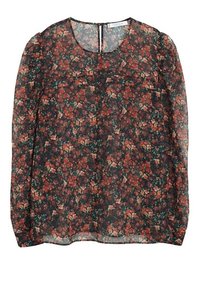Durchsichtige Bluse mit langen Ärmeln, die einen dunklen Hintergrund und ein lebhaftes Muster aus roten, pinken und grünen Blumen zeigt, Rundhalsausschnitt und Knopfverschluss im Rücken.