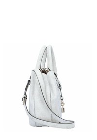 Sac à main blanc avec motif en relief, doubles poignées et bandoulière détachable. Texture lisse avec accents argentés et détail de cadenas.