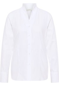 White button-up shirt with a stand collar, long sleeves, and a textured fabric finish. Features clear buttons and a straight cut.