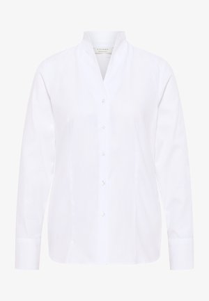 Witte blouse met staande kraag, lange mouwen en een textuurstofafwerking. Kenmerkt zich door heldere knopen en een rechte snit.