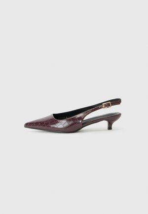 Burgundy pointed-toe slingback shoes with a crocodile texture, low heel, and a gold buckle accent on the strap. Smooth inner lining.