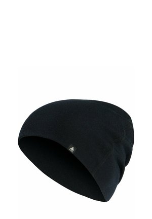 Black knitted beanie with subtle brand tag on the side, shown against a white background.