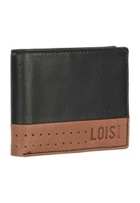 Cartera de piel negra con un acento de piel marrón en la parte inferior, que presenta detalles perforados y la marca en relieve "LOIS JEANS".