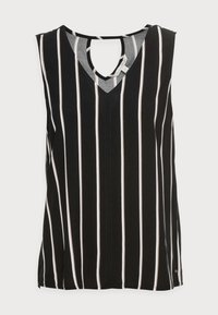 Černá bezrukávová blůza s bílými svislými pruhy a výstřihem do V na zadní straně.