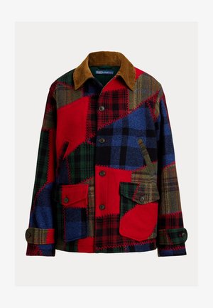 Giacca patchwork con vari motivi a quadri in rosso, blu, verde e marrone. Colletto in velluto a coste e molteplici tasche con bottoni.