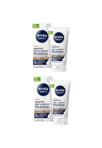 NIVEA MEN Sensitive Gel in einer weißen 50-ml-Tube mit blauen Akzenten. Die Verpackung hebt „0% Alkohol“ und „5-fachen Schutz“ hervor und besticht durch ein glattes, sauberes Design.