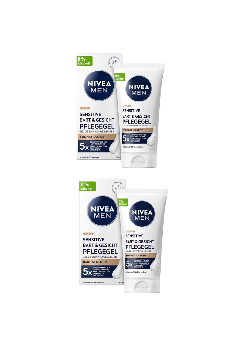 NIVEA MEN Sensitive Gel in einer weißen 50-ml-Tube mit blauen Akzenten. Die Verpackung hebt „0% Alkohol“ und „5-fachen Schutz“ hervor und besticht durch ein glattes, sauberes Design.