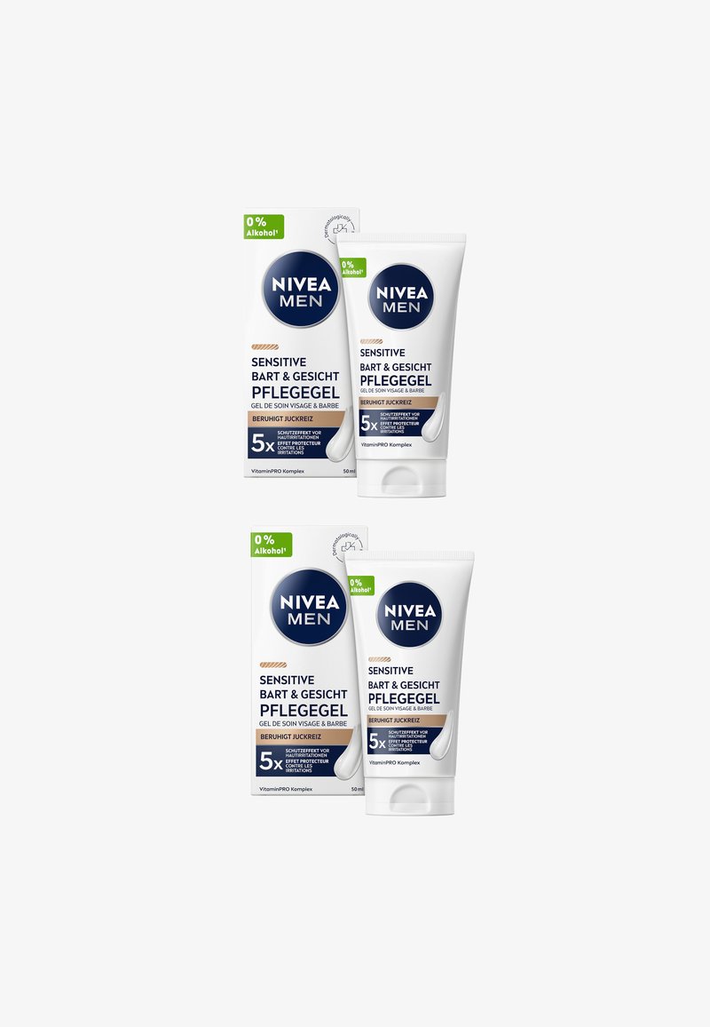 NIVEA MEN Sensitive Gel in einer weißen 50-ml-Tube mit blauen Akzenten. Die Verpackung hebt „0% Alkohol“ und „5-fachen Schutz“ hervor und besticht durch ein glattes, sauberes Design.