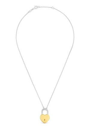 Collier chaîne en argent avec un pendentif cadenas en forme de cœur doré comportant un trou de serrure au centre.