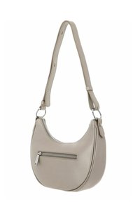 Sac en cuir gris clair, en forme de croissant, avec une poche zippée à l'avant et une sangle réglable avec des accents en acier inoxydable.