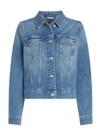 Jaqueta de denim azul clara com colarinho clássico, dois bolsos no peito, fechos de botão e um design cropped. Apresenta uma textura desbotada e costuras.