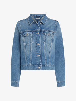 Svetlomodrá denimová bunda s klasickým golierom, dvoma náprsnými vreckami, gombíkovým zapínaním a skráteným dizajnom. Má vyblednutú textúru a prešitie.