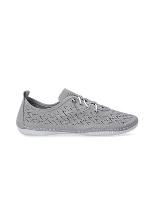 Gray perforated lace-up shoes with a rounded toe, textured accents, and a white rubber sole. Features a stitched edge and minimal design.