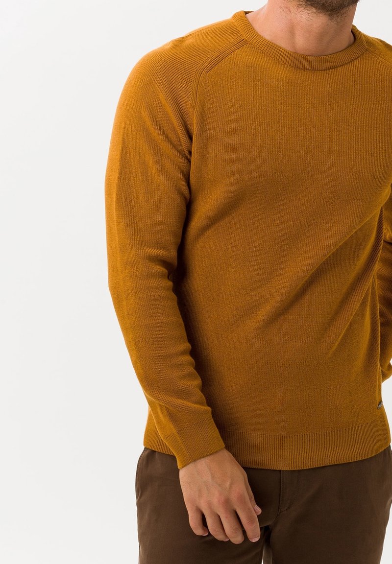Mann in senfgelbem Strickpullover und braunen Hosen, Hand entspannt an der Seite, vor weißem Hintergrund.