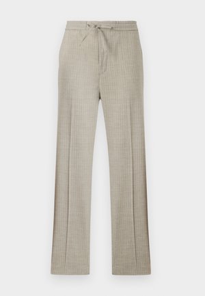 Pantaloni in lino beige con sottili righe bianche, vita con coulisse e gambe dritte.