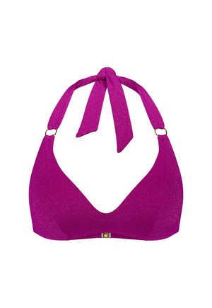 Fioletowy brokatowy top bikini typu halter z wiązanymi ramiączkami i złotymi pierścieniami na białym tle.