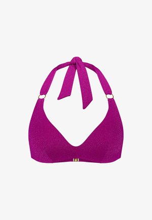 Haut de bikini halter pailleté violet avec bretelles à nouer et accents en anneau doré sur fond blanc.