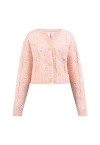 Cardigan rosa lavorato a maglia con scollo a V, motivo a treccia e decorazioni floreali ricamate. Presenta quattro bottoni e polsini e orlo a coste.