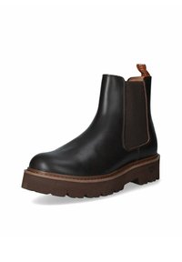 Stivale alla caviglia in pelle nera con pannelli elastici laterali, suola in gomma marrone e una linguetta sul retro per una facile calzata.