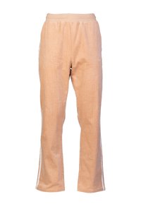 Corduroy broeken in licht perzik met verticale ribbeltextuur, elastische tailleband en witte zijstrepen. Rechte pasvorm met een relaxte fit.