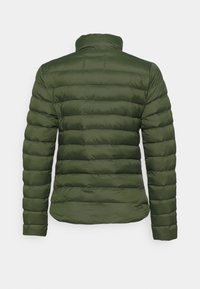 Grön puffjacka med hög krage. Konstriktion med en slät, glänsande yta på en figursydd silhuett. Ingen synlig hårdvara eller mönster.