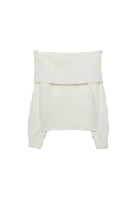 Maglione bianco a spalla scoperta in maglia con texture a coste. Presenta maniche lunghe e una vestibilità morbida, con un dettaglio del collo piegato.