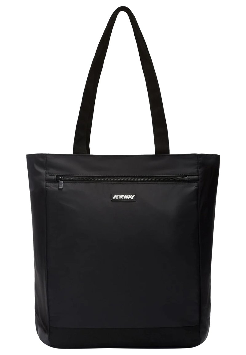 Svart totebag laget av glatt, holdbart stoff. Har en topp glidelåslukking og en frontlomme med glidelås. Lange, solide håndtak for enkel bæring.