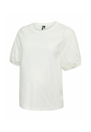 Witte blouse met korte mouwen, ronde hals en opgezette kanten mouwen met oogjes, ontworpen voor casual of formeel gebruik.