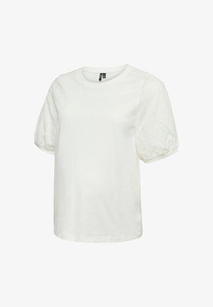 Blusa blanca de manga corta con escote redondo y mangas abullonadas de encaje ojetero, diseñada para uso casual o formal.