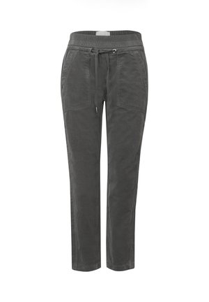 Gray jogger pants made of soft, textured fabric; features an elastic waistband, drawstring, and two front pockets. Slim fit design.