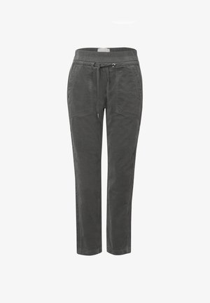 Graue Jogginghose aus weichem, strukturiertem Stoff; mit elastischem Bund, Kordelzug und zwei Vordertaschen. Slim-Fit-Design.