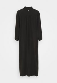 Vestido largo negro con cuello, mangas largas y puños abotonados, que presenta una espalda plisada y un pequeño detalle del logo en la nuca.