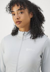 Lichtgrijze zip-up jas met een hoge kraag en het Jack Wolfskin-logo op de borst. Gladde textuur, getailleerd ontwerp en lange mouwen.