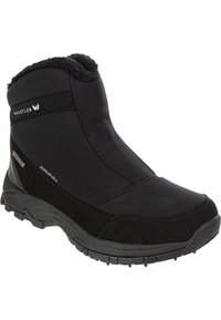 Svart ankelsko med ett mjukt överdel i softshell, foder i konstpäls, slitstark gummisula och texturerade detaljer. Idealisk för kalla väderförhållanden.