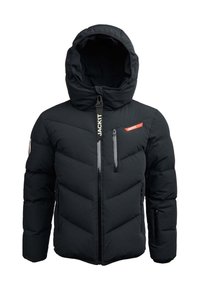 Veste matelassée noire avec capuche, dotée d'une fermeture éclair à l'avant, de deux poches latérales et d'une poche poitrine. Motif matelassé en chevrons et détails avec logo.