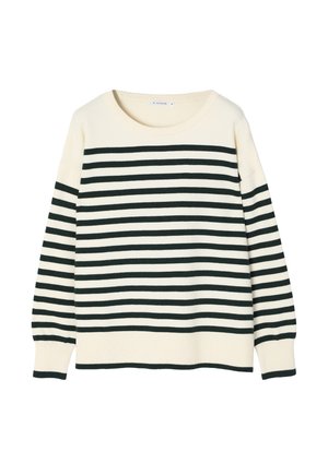 Maglione crema con righe orizzontali verde scuro, collo rotondo, maniche lunghe e polsini e orlo a costine. Tessuto morbido e vestibilità comoda.