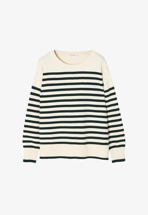 Crème sweater met donkergroene horizontale strepen, ronde halslijn, lange mouwen en ribgebreide manchetten en zoom. Zachte textuur en ontspannen pasvorm.