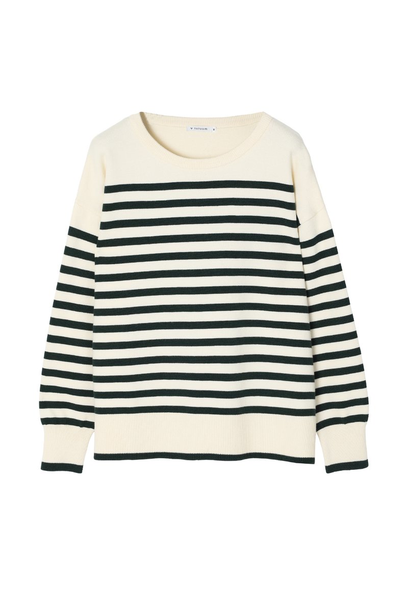 Kremowy sweter w ciemnozielone poziome paski, okrągły dekolt, długie rękawy oraz ściągacze na mankietach i dole. Miękka tekstura i luźny krój.