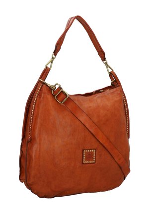 Borsa a tracolla in pelle marrone con un design morbido, dettagli in tessuto borchiato, manico staccabile e finiture in tono oro. Presenta una chiusura a zip superiore.