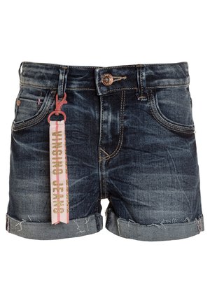 Donkerblauwe denim shorts met omgeslagen, rafelige zomen, een knoopsluiting aan de voorkant, rits, riemlussen, twee voorzakken en een roze sleutelhanger met het label "HIMSHO JEANS".
