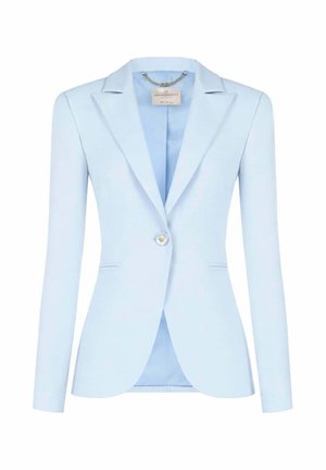 Blazer da donna azzurro chiaro su misura con chiusura a bottone singolo, colletto con revers e maniche lunghe aderenti.